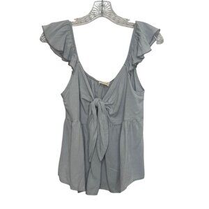 Peach Love Elegant Babydoll Top Large Slate Gray New WOT Ruffle Sleeve Tie Front